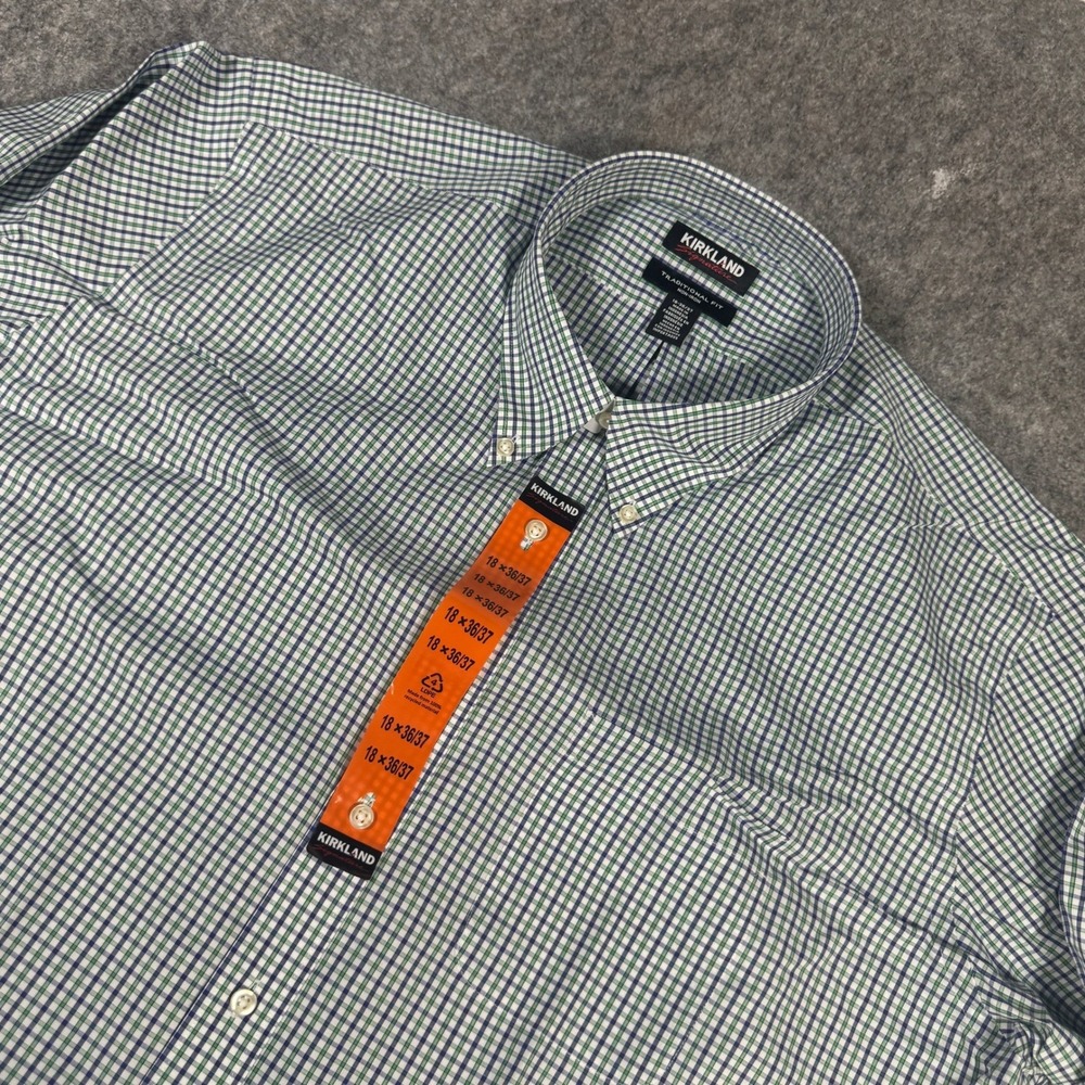 Kirkland Signature Mens 18 36/37 Non-Iron Pima Cotton Dress Shirt Green Blue